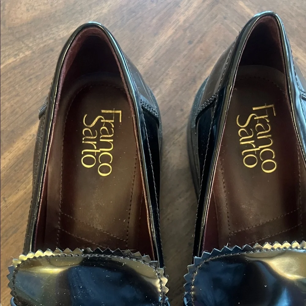Franco Sarto Glossy Black Loafers with Gold Detail - Picture 2 of 9